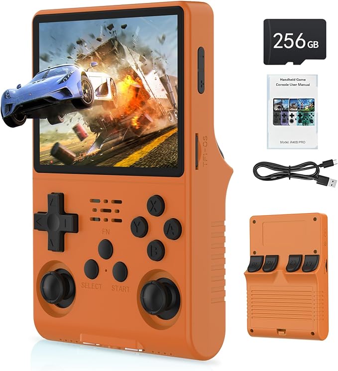 FVBADE[30000 in 1] R40S PRO Handheld Game Console 3.5 inch IPS Screen Mini Retro Console 3800mAh Portable Pocket Arcade 45+ Mainstream Emulator 256G TF Card Transparent.(Orange)