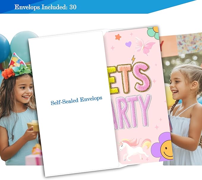 Preppy Patch Birthday Invitations for Girls, Let's Party Birthday Party Invitaions for Party Invites, 4x6 Inches, 30 Sets with Envelopes