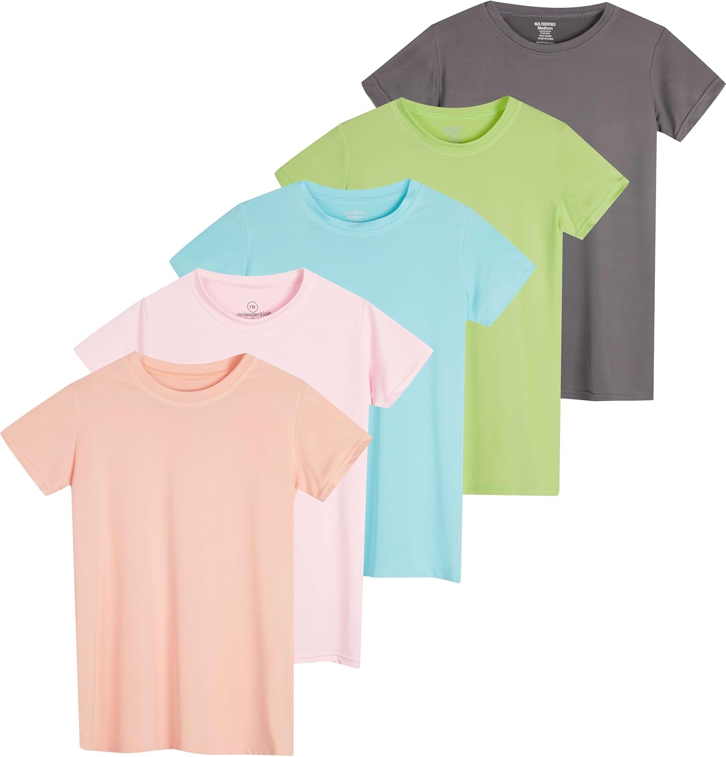 Real Essentials 5 Pack: Girls Short Sleeve Dry-Fit Crew Neck Active Athletic Performance T-Shirt