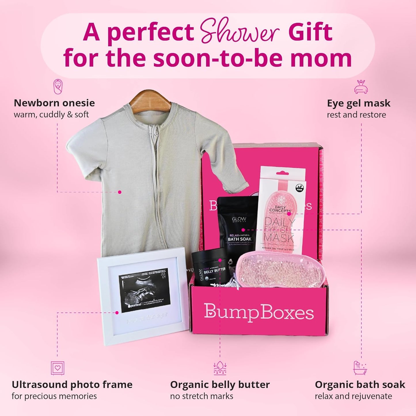 Bump Boxes 2nd Trimester Gift Set, Complete Pregnancy Care Package with Belly Butter, Bath Soak, Baby Footed Sleeper, Sonogram Frame and Eye Mask