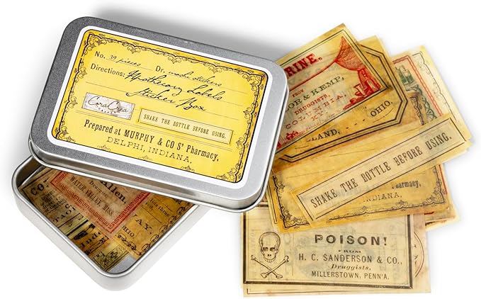 CORACREACRAFTS Vintage Journal Stickers with Tin Box, Scrapbook Stickers, Stickers for Adults, Teens, and Kids, Stickers for Sticker Books, Adults Stickers with 39 Washi Stickers (Apothecary), Clear