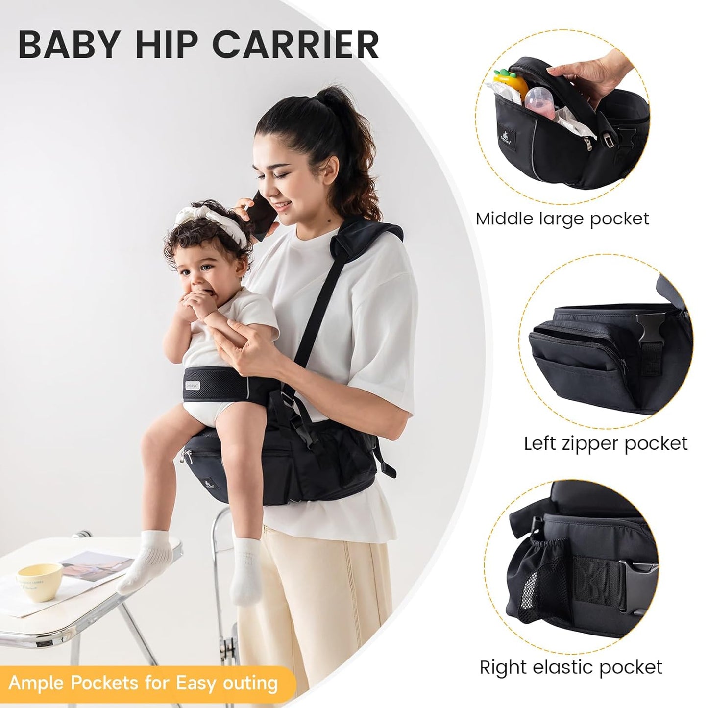 Ergonomic Baby Hip Carrier-Baby Waist Stool with Adjustable Strap and Chest Harness Huge Storage Enhanced Lumbar, Carrier for Newborn to Toddler Black