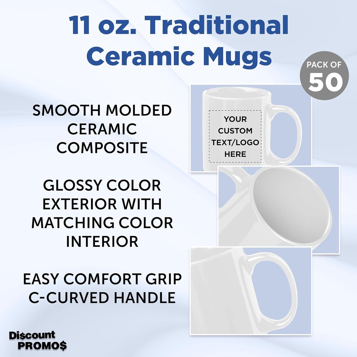 Custom Ceramic Coffee Mugs 11 oz. Set of 50, Personalized Bulk Pack - Coffee cup set, Iced coffee cup, Gaming mug - White
