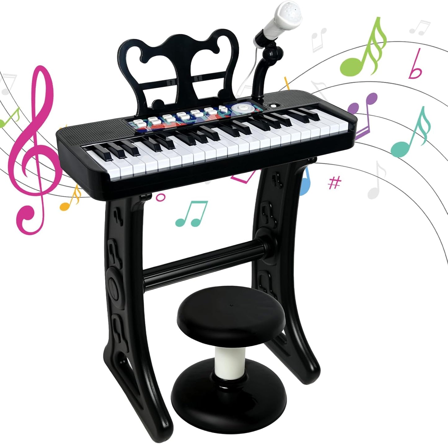 Love&Mini Piano Toy for Kids - 37 Keys Piano Keyboard Toy with Stool and Microphone, Black Electronic Musical Instrument Birthday Gift for Kids 3 4 5 6 7 8 Years Old Boys and Girls