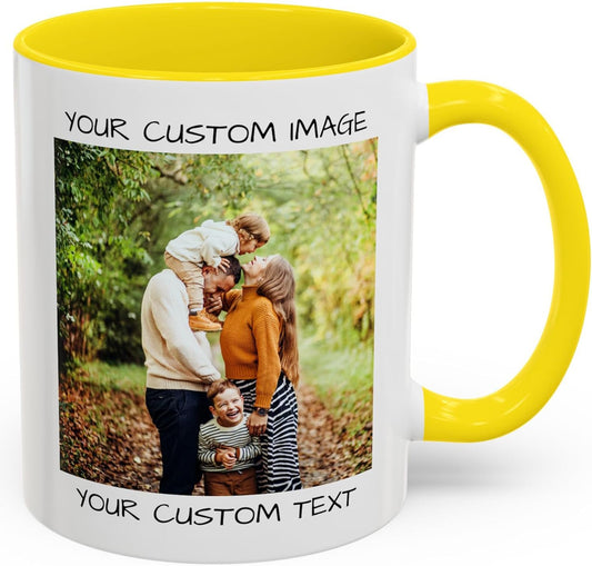 Personalized Coffee Mug – Custom Photo, Text, or Logo Ceramic Mug Tea Cup | Taza Personalizada with Picture or Message | Customized Gift Idea for Men & Women, Mom, Dad, Friends - White/Yellow | 11oz