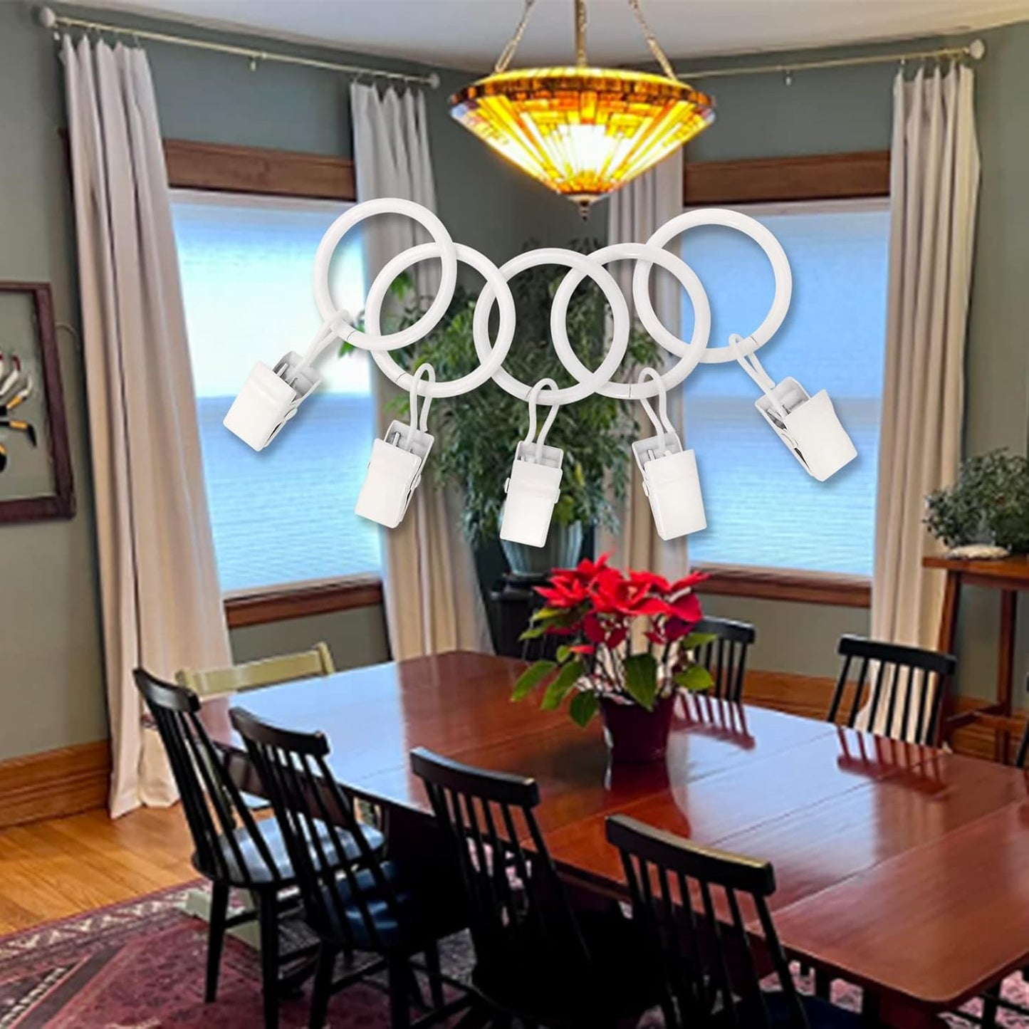 44 Pack White Curtain Rings with Clips, Curtain Hooks Hangers Clip Rings for Hanging Drapes Bows Hat, Drapery Rings 1 in I D, Fits up to 5/8 in Diameter Curtain Rod.