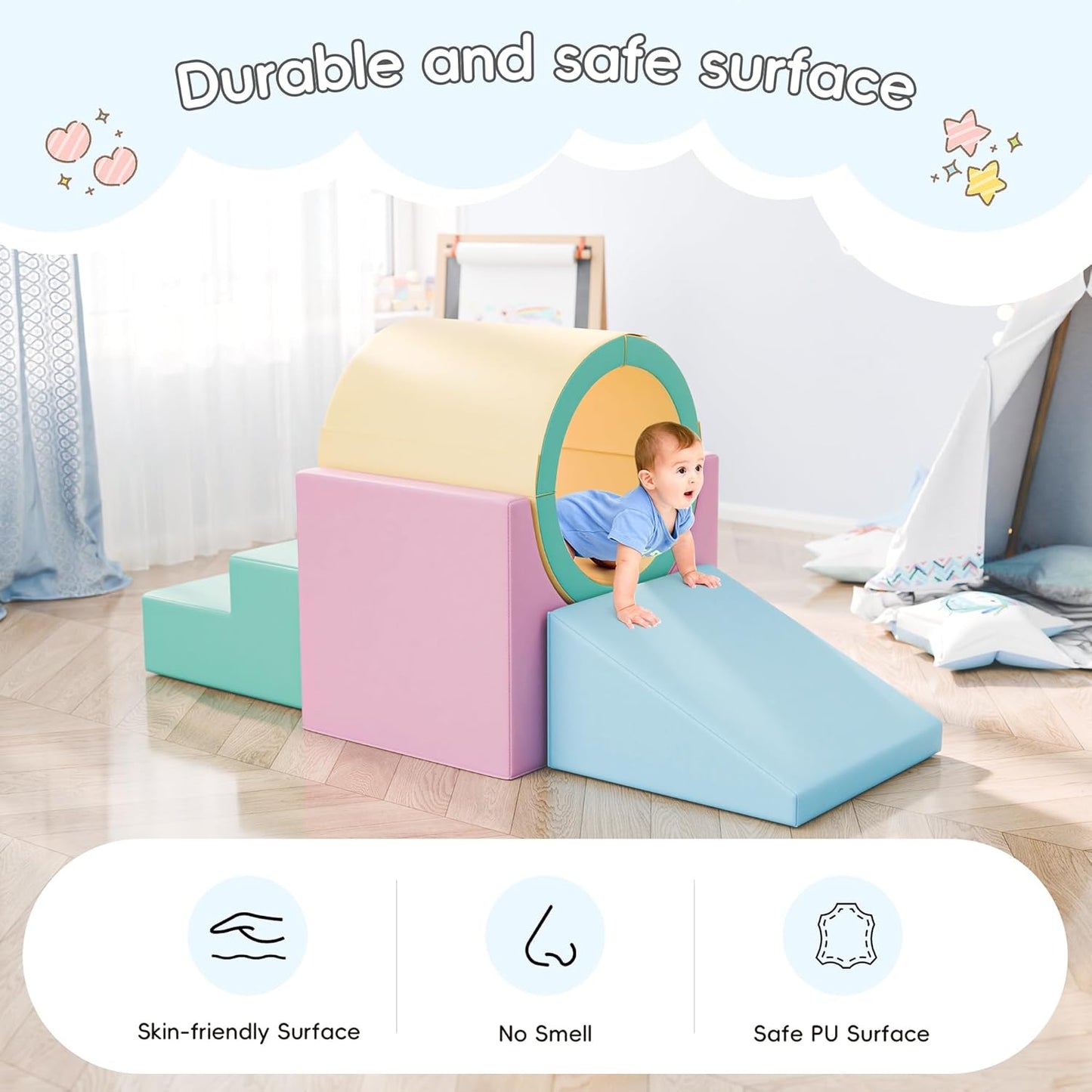 Tunnel/Ramps Foam Climber, Climb & Crawl Foam Activity Play Set for Toddlers and Kids, Safe Indoor Crawling Gym Equipment for,Infant,Baby Waterproof Easy to Clean (Pink)