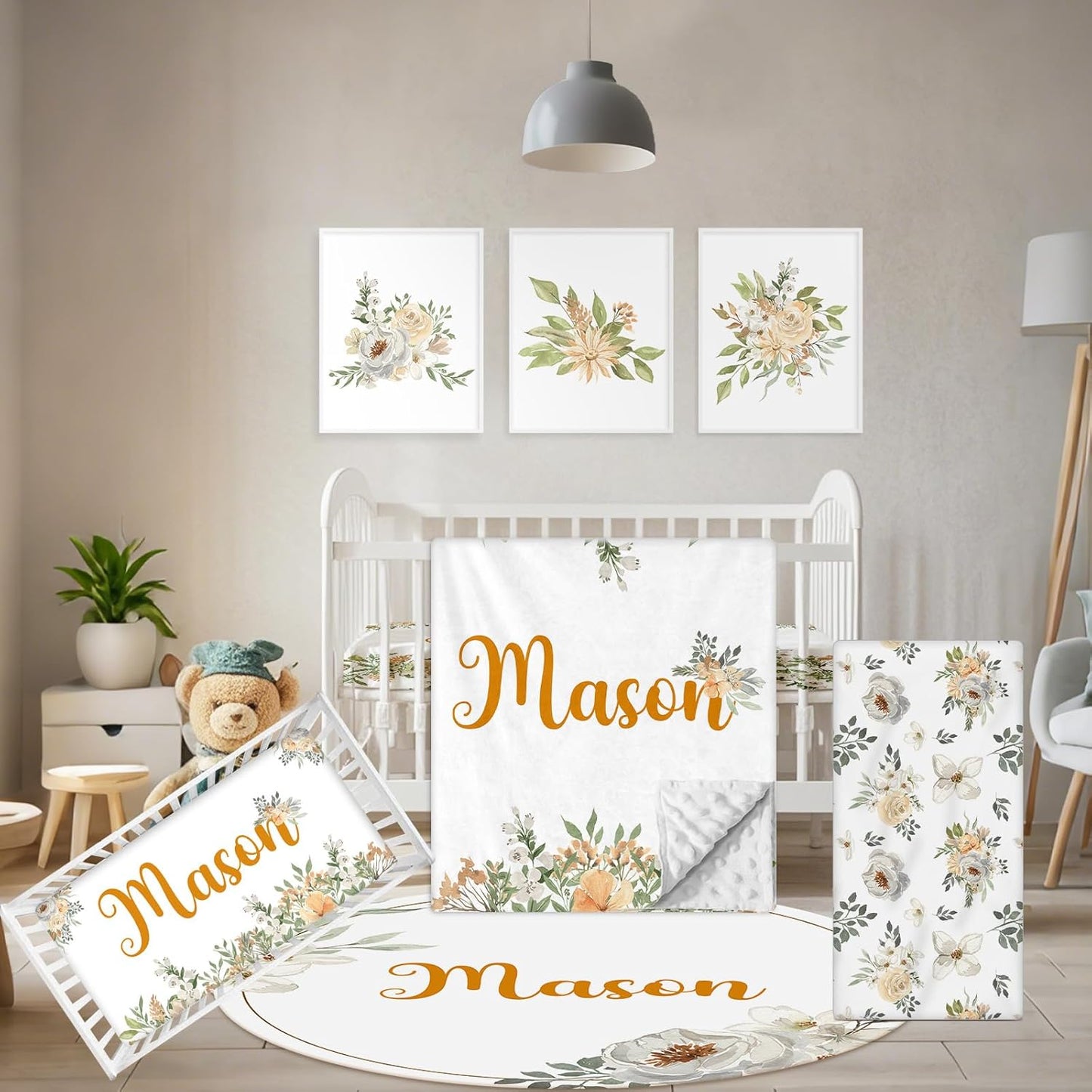 Custom Baby Crib Set - 5 Pcs Personalized Name Flowers Crib Bedding Set for Infants Toddlers - Soft Double Layer Nursery Bedding Set for Girls Boys - Customized Gifts for Baby Shower Birthday