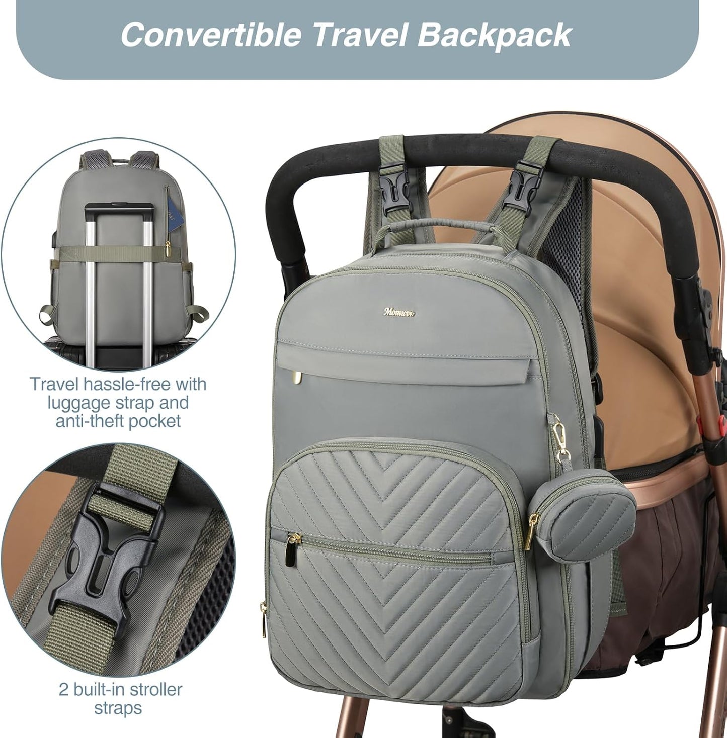 MOMUVO Diaper Bag Backpack, Quilted Baby Bag with Changing Pad & Stroller Straps & Pacifier Case, Multifunction Waterproof Travel Diaper Bags, Unisex, Olive Green