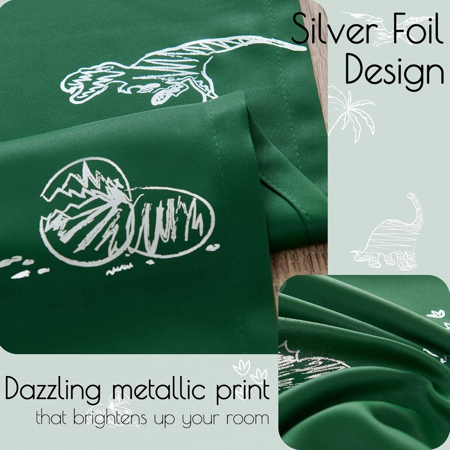 Vangao Kids Curtains Green Blackout Dinosaur Curtains for Boys Kids Nursery Girls Room Silver Dino Foil Print Thermal Insulated Drapes Grommet Top Window Treatments 63 Inches Length 2 Panels