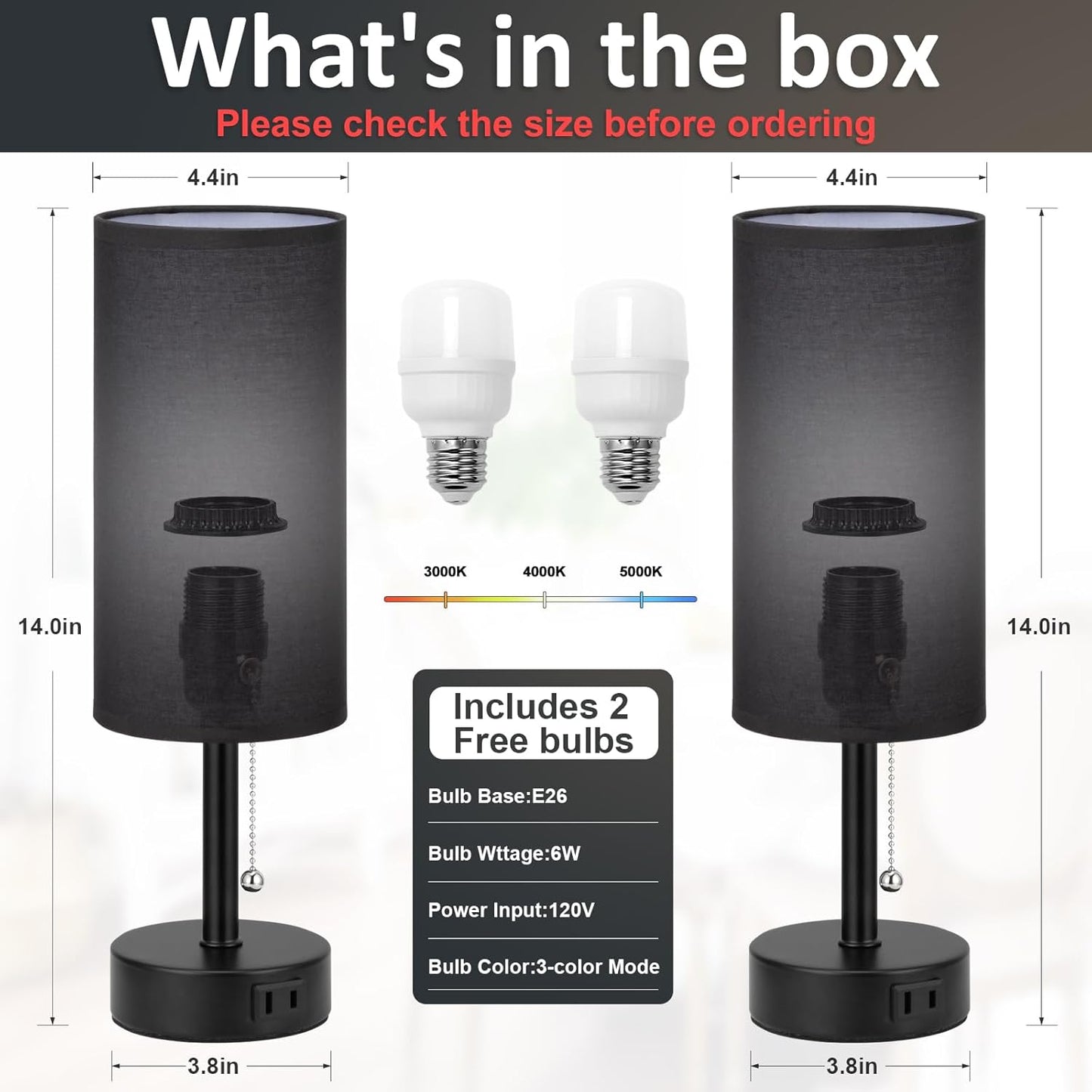 Black Bedside Table Lamps Set of 2-3 Color Temperatures Pull Chain Lamp with AC Outlet Charging Port, Round Night Stand Lamps for Bedroom Office, Small Bed Side Light with E26 LED Bulbs