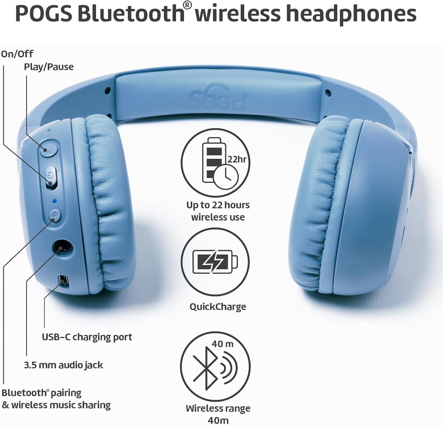 POGS Kids Bluetooth Wireless Headphones | The Gecko 2 | Foldable, Durable Headphones for Kids 3+ | Volume Limited 85 dB, Microphone | On-Ear | Wireless Music-Sharing Function (rBlue)