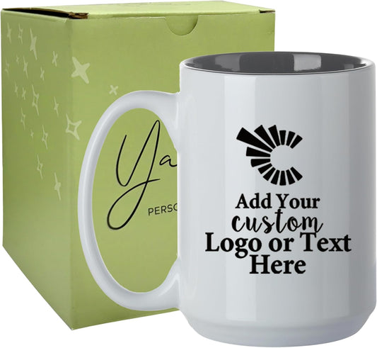 Personalized Coffee Mug, Custom Text or Logo Ceramic Mug, 15oz Customized Name Tea Cup, Gifts for Men & Women, Mother's Day Anniversary Christmas (Engraved Custom Logo, White)