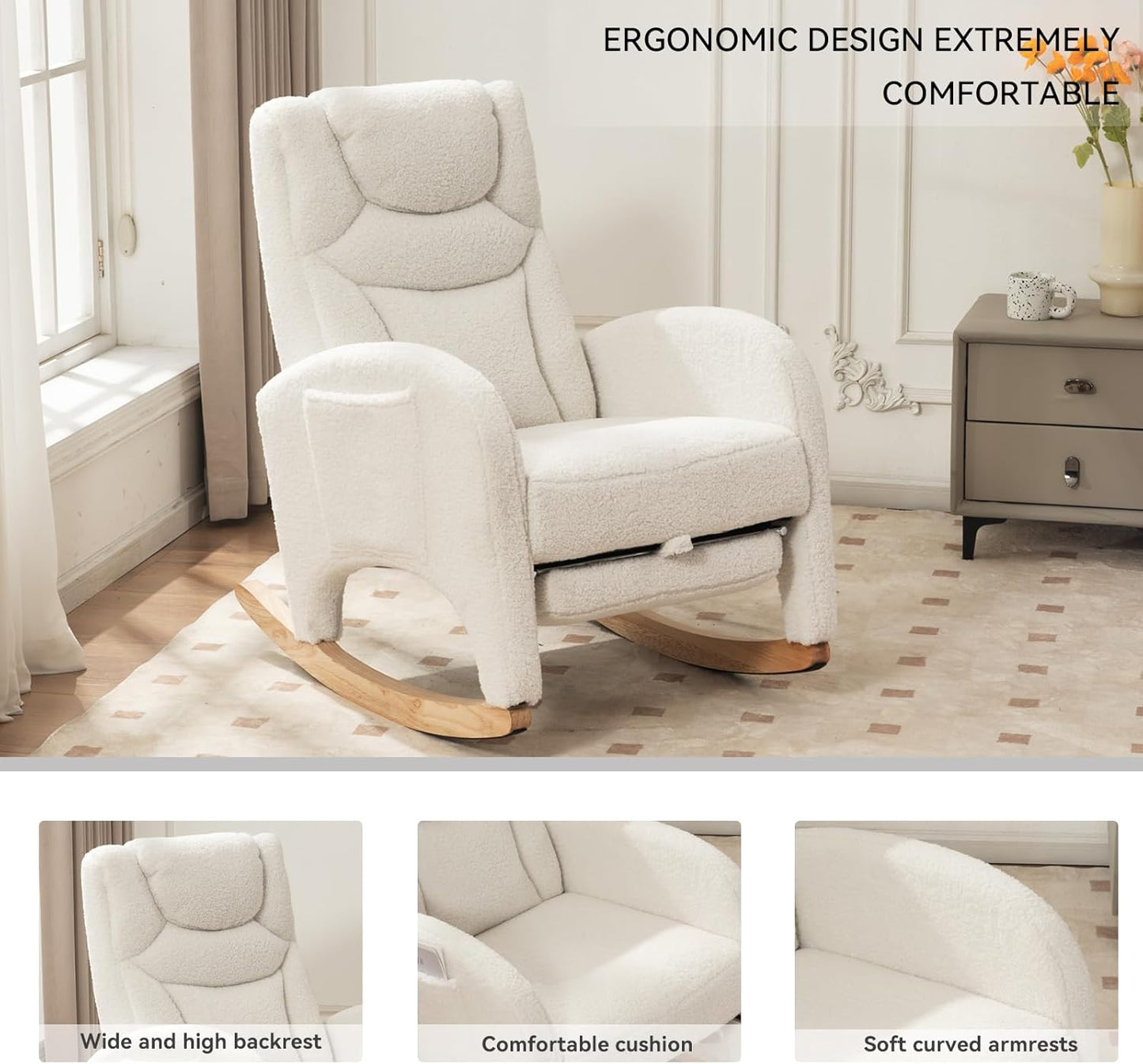 Rocking Chair Nursery, Modern Glider Chair with Adjustable Footrest and Solid Wood Legs, High Backrest Nursery Chair with Side Pocket, Rocker Armchair for Living Room Bedroom, Teddy Ivory