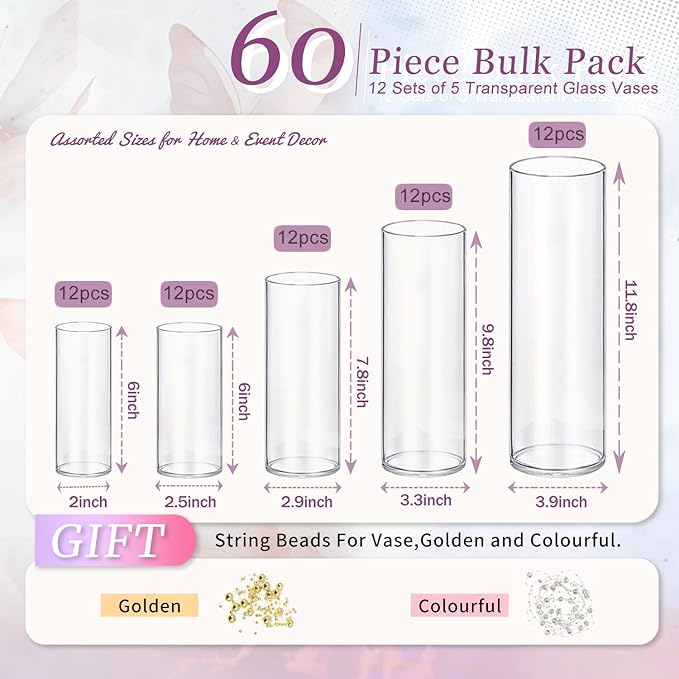 60pcs Glass Vase Cylinder Vases for Centerpieces Small Flower Glass Vases Home Decor Centerpiece Table Clear Flower Vase Decorations for Wedding＆Holiday 6，6，7.8，9.8，11.8 Inch Tall