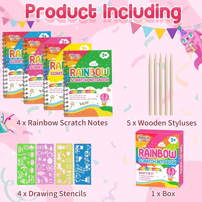 Party Favors for Kids: 4 Pack Rainbow Scratch Art Notebook Students Classroom Gifts Bulk for Girls Boys Goodie Bags Stuffers, Return Gifts for Birthday Party Favors Bulk Kids Crafts