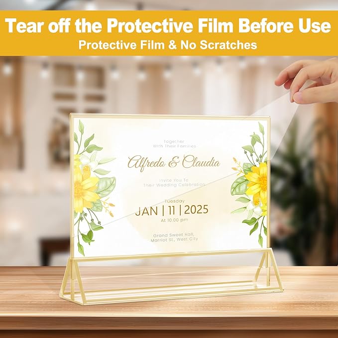 EHWINE 6 Pack Acrylic Sign Holder 4 x 6 Horizontal, Double-Sided Stand up Table Top Sign Holders, Gold Acrylic Picture Frame Menu Flyer Paper Holder Display Stand for Office Business Store Wedding Party