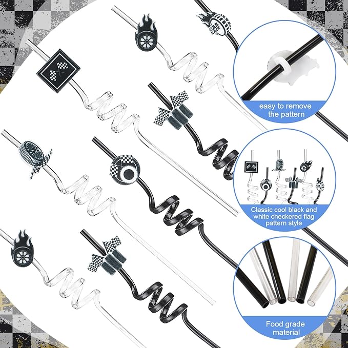 Yungyan 16 Sets Checkered Flag Party Favors Goodie Cups with Lids and Straws for Birthday Decorations Reusable 16oz Plastic Candy Cups Plastic Straws for Birthday Party (Checkered Flag)