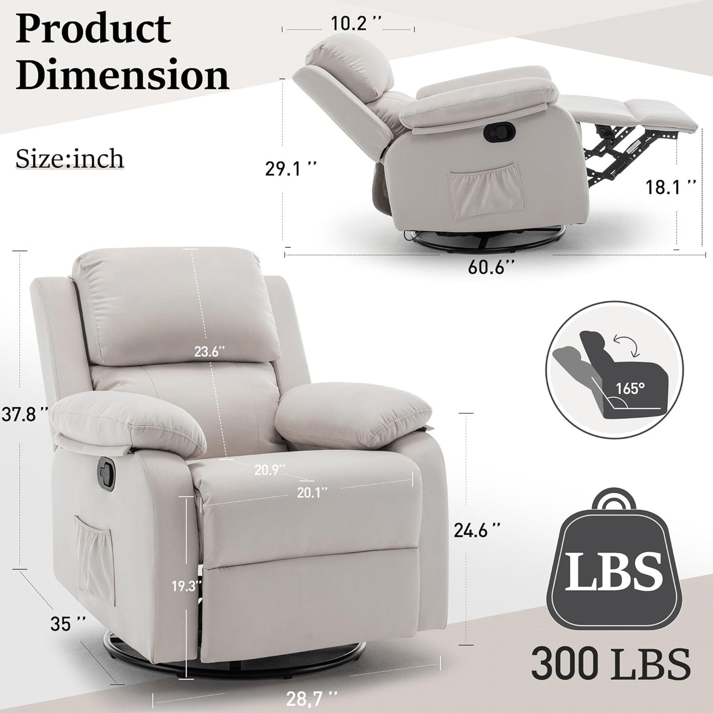 Recliner Chair, 360 Swivel Rocker Chair for Adults, Small Rocking Recliner Chair for Small Spaces, Upholstered Fabric Glider Recliner Nursery Chair with Side Pockets for Living Room, White