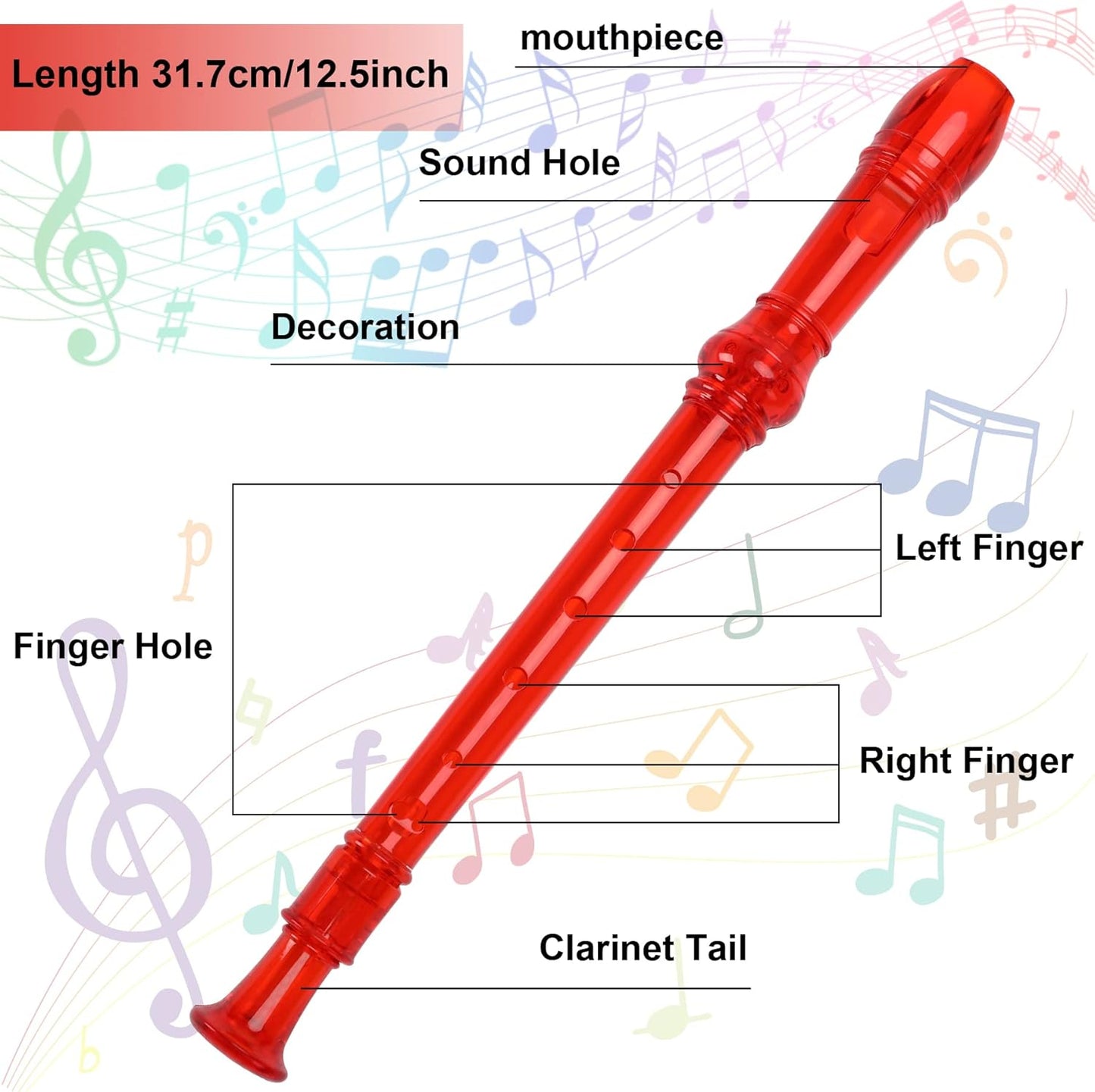 SANNIX 4 Pack 8 Hole Plastic Soprano Descant Recorder With Cleaning Rod, Instruction and Storage Bag, German Style (Clear Red)