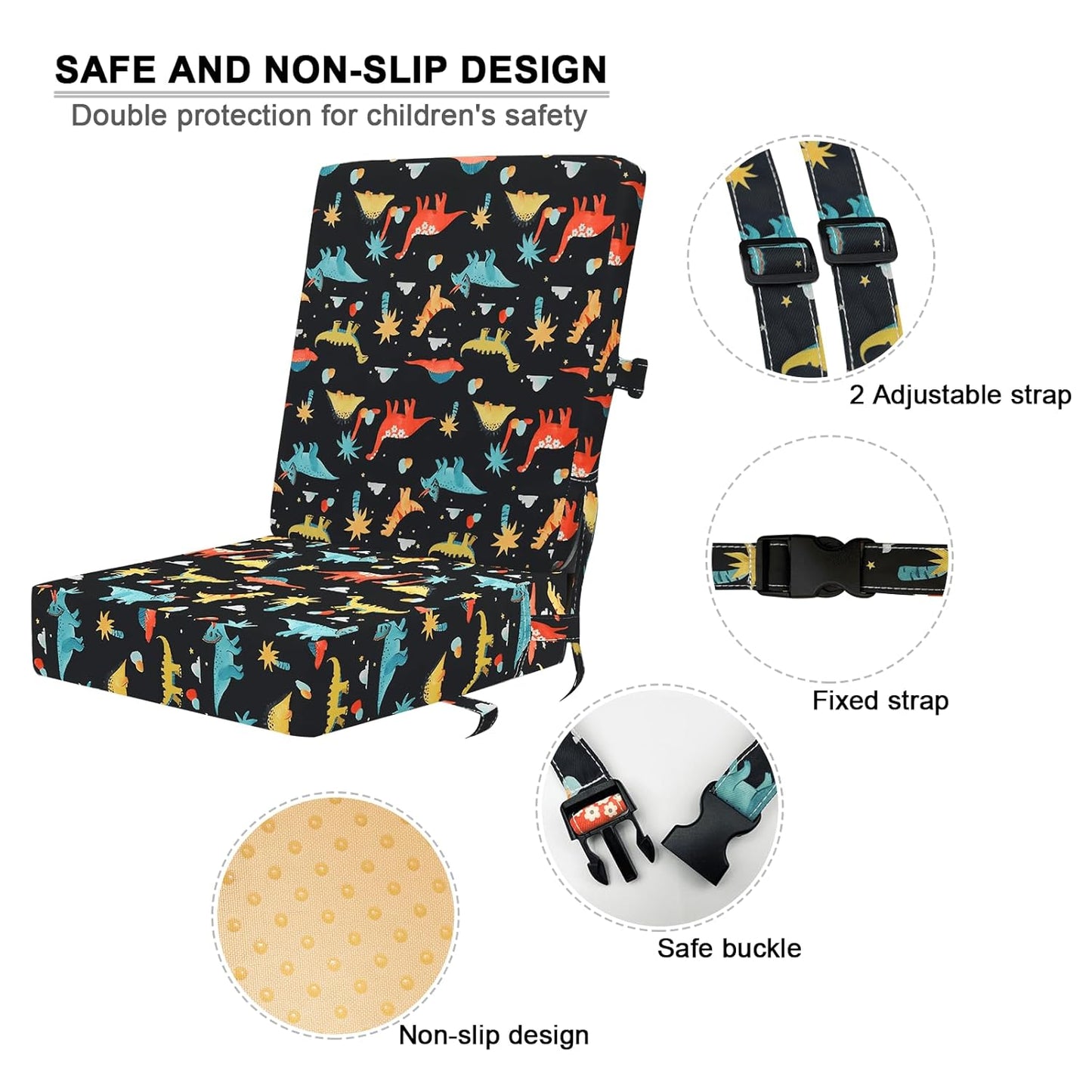 Toddler Booster Seat for Dining Table, Kids Booster Seat for Kitchen Chair with Backrest and Adjustable Straps, Non-Slip Portable PU Waterproof Travel Camping Eating Baby Booster Increasing Cushion