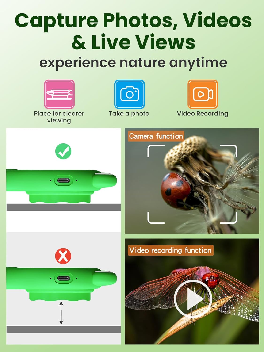 Microscope for Kids, 2 Inch Digital Microscope with 500X Magnifying Glass, 4× Zoom Handheld Camera Mini Pocket Magnification, Educational Science Toys for Ages 3+, Green