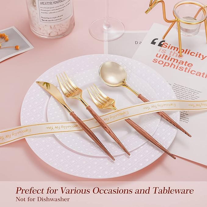 Lullaby 120PCS Gold Plastic Silverware, Gold Disposable Cutlery with Wood Grain Handle Include 40 Forks, 40 Spoons, 40 Knives, Elegant Disposable Silverware for Wedding, Party, Gathering, Daily Use