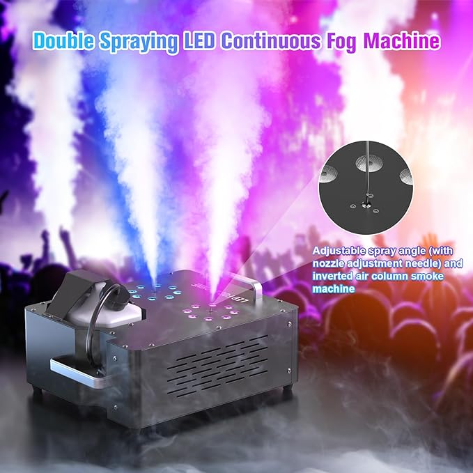 2000W Professional Fog Machine Dual Nozzle with 16 RGB LED, DMX Control Adjustable Smoke Direction, 2.5L Tank LCD Display 30000CFM for Halloween Christmas Stage DJ Party Club Events-2PC