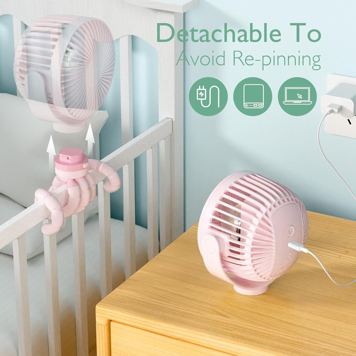 Momcozy Portable Stroller Fan, 8000mAh, 27H Ultra-long Battery Life, Detachable 4 Speed 360°Rotate, LED Night Light with 2 Modes, USB Rechargeable Handheld Cooling Fan for Travel, Car Seat, Bedroom