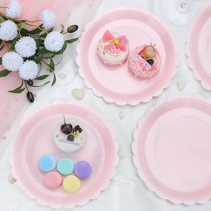 48 Pcs Pink Paper Plates 9 Inch Scalloped Dessert Plates - Disposable Pink Cake Plate - Baby Shower Birthday Party Wedding Bridal Party Supplie