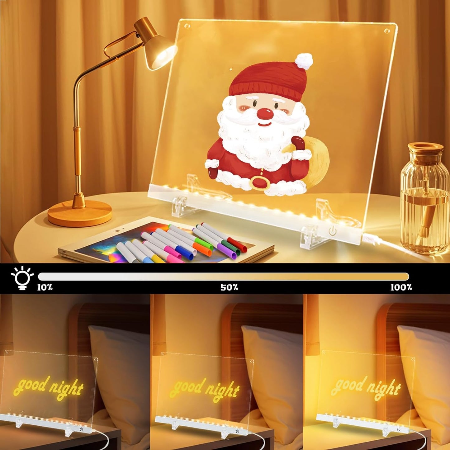 Acrylic Dry Erase Board with LED Light -11.8"x8.5" Clear Glowing Memo,Brightness Level Adjustment,12 Color Markers, Ideal for Office/Home/Kids (Standard Edition+Battery Power Supply Box)