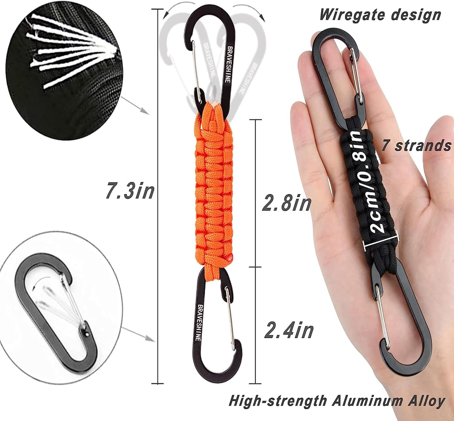 BRAVESHINE Paracord Keychain Carabiner Clip, D Ring Lanyard Hanger Stroller Hook for Water Bottle, Key, Backpacks, Men, Women