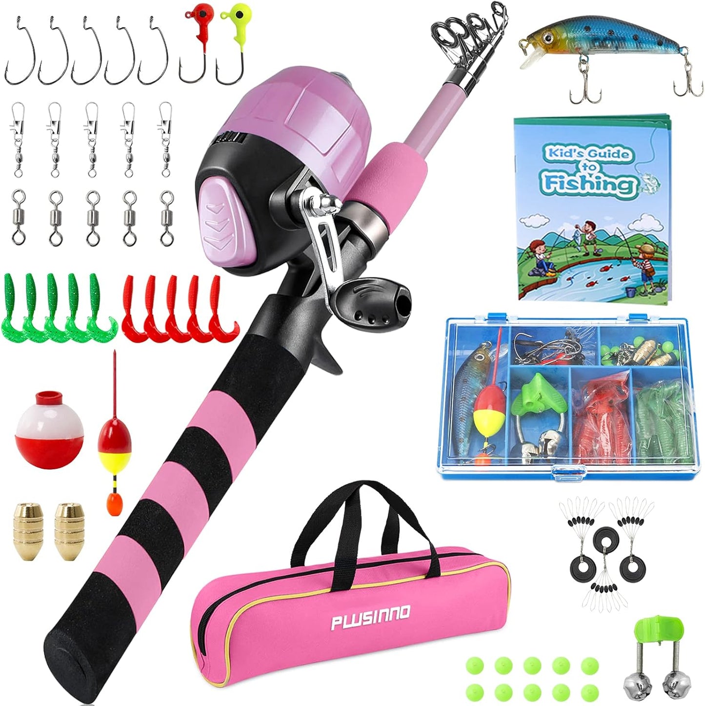 PLUSINNO Kids Fishing Pole, Portable Telescopic Fishing Rod and Reel Combo Kit - with Spincast Fishing Reel Tackle Box for Boys, Girls, Youth