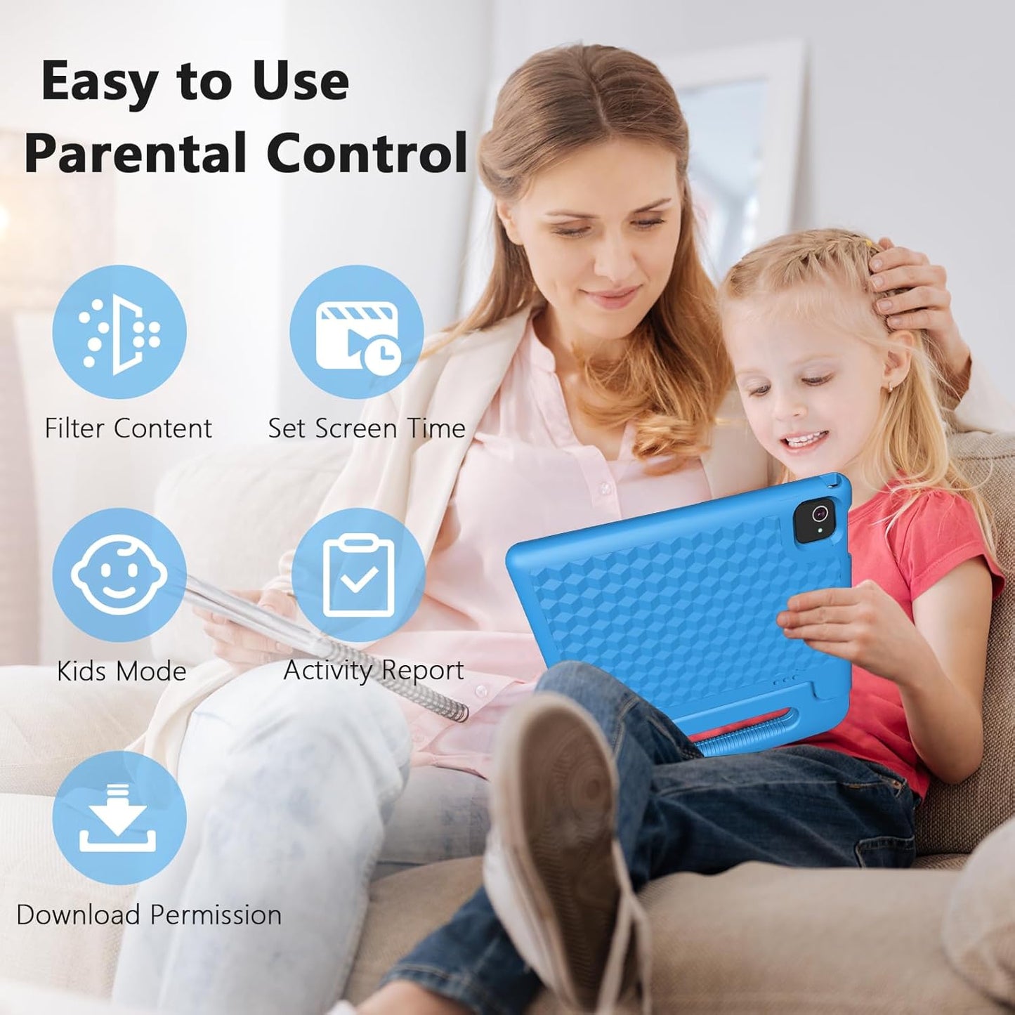 Kids Tablet 8GB+64GB, 10 Inch Android 14 Tablet for Kids 6000mAh with Case, WiFi 6, Bth 5.2, Dual Camera, GPS Pre-Installed Parental Controls, Kids Space & Family Link Great Gift for Toddler Children