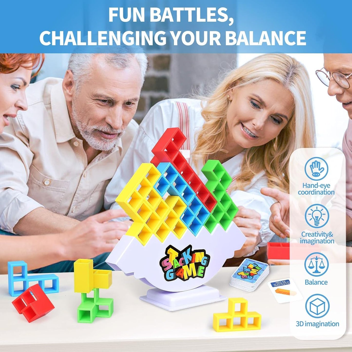 48PCS Stack Game for Adult & Kids, Tetra Board Tower Games for Family Travel Party, 2 Players Balance Stacking Toy, Team Toys Building Block
