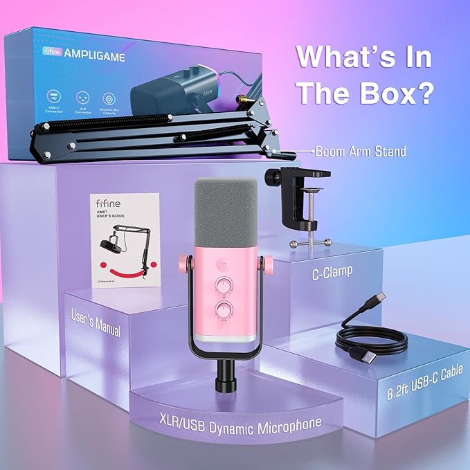 FIFINE XLR Gaming Microphone USB, PC Dynamic Microphone Kit for Vocal, Recording, Podcast, Streaming RGB Mic with Headphone Jack, Mute Button, Boom Arm Stand for Computer/Mixer-AmpliGame AM8T Pink