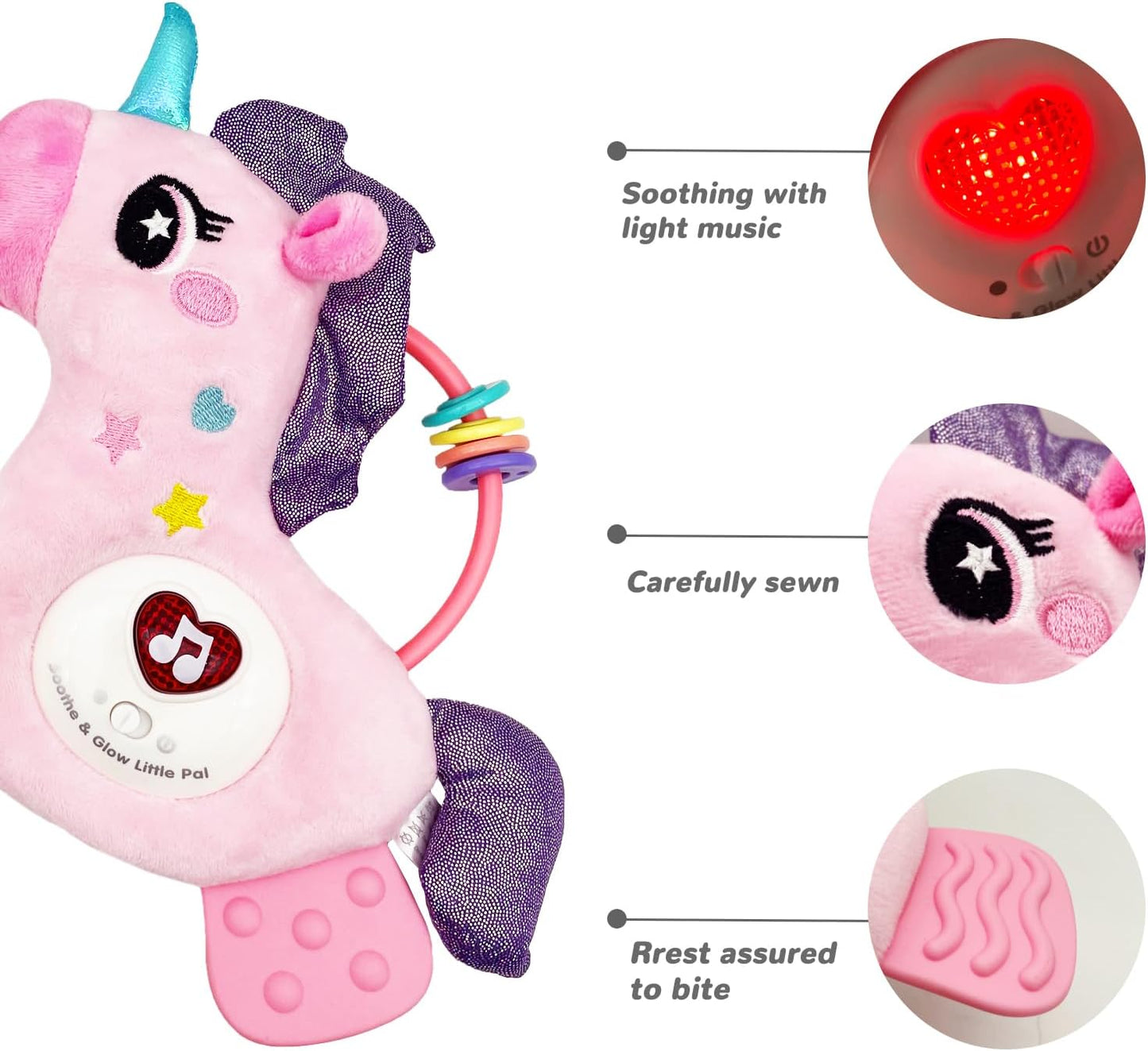 Baby Musical Activity Soft Toys with Sound & Light, Sensory Toys for Infant Developmental with Teether, Rattle and Textures, Soft Plush Toy for Newborn Gift 6 to 12 Months (Pink Unicorn)