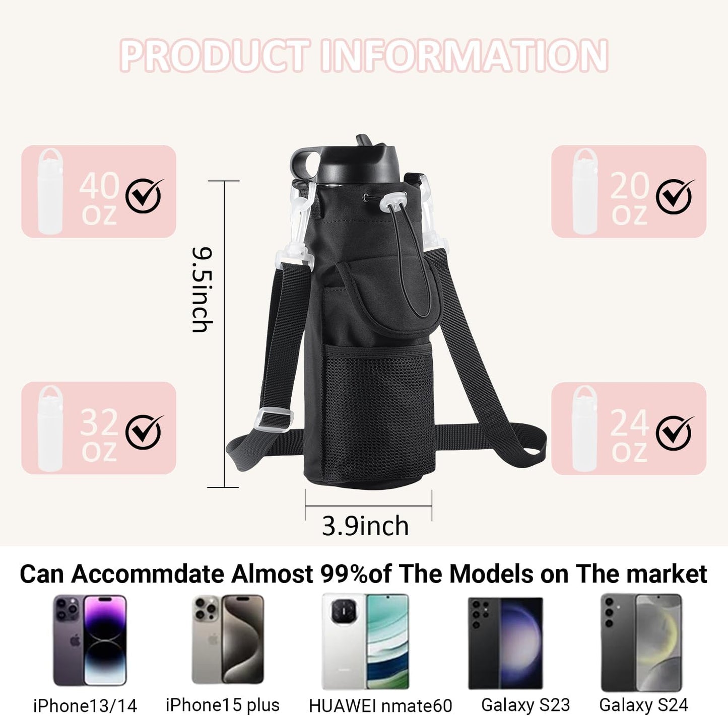 RRegeny【NEW STYLE Water Bottle Holder Crossbody Bag with Shoulder Strap, Leakproof Water Bottle Carrier for Hydro Flask16-40oz, Hands-Free Fitness Bag with Zipper Pockets for Hiking Travel Gym