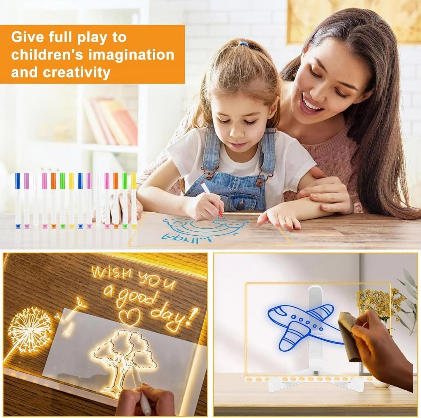 LED Note Board with Colors, 7 Colors Acrylic Message Board with Light, LED Drawing Board Gifts for Kids, Dry Erase Board with Adjustable Stand for Office School Home Decor (7.87 * 7.87 in)