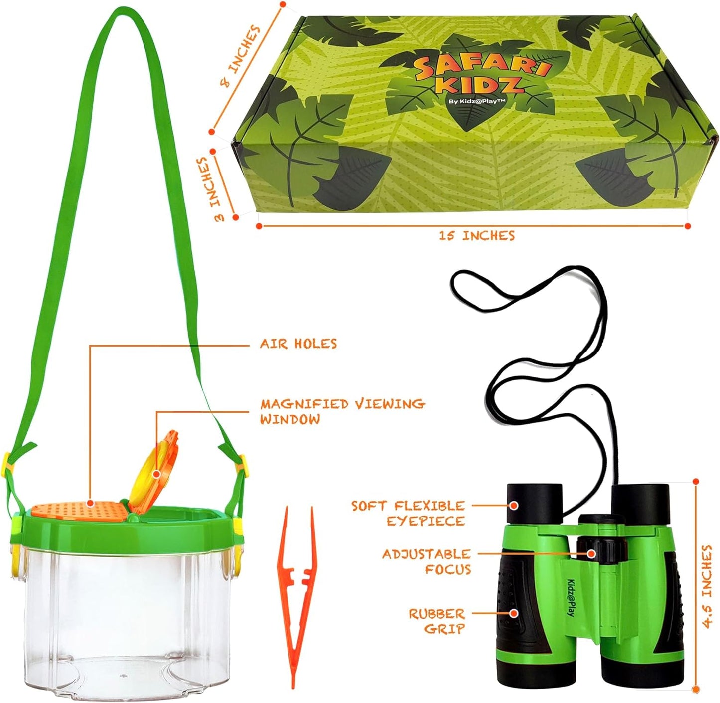 Bug Hunting Kit, Green Safari Vest, Hat, Binoculars, Lg. Butterfly Net, Bug Container, Whistle, Flashlight, Magnifier, Thermostat, Compass, Age 3+