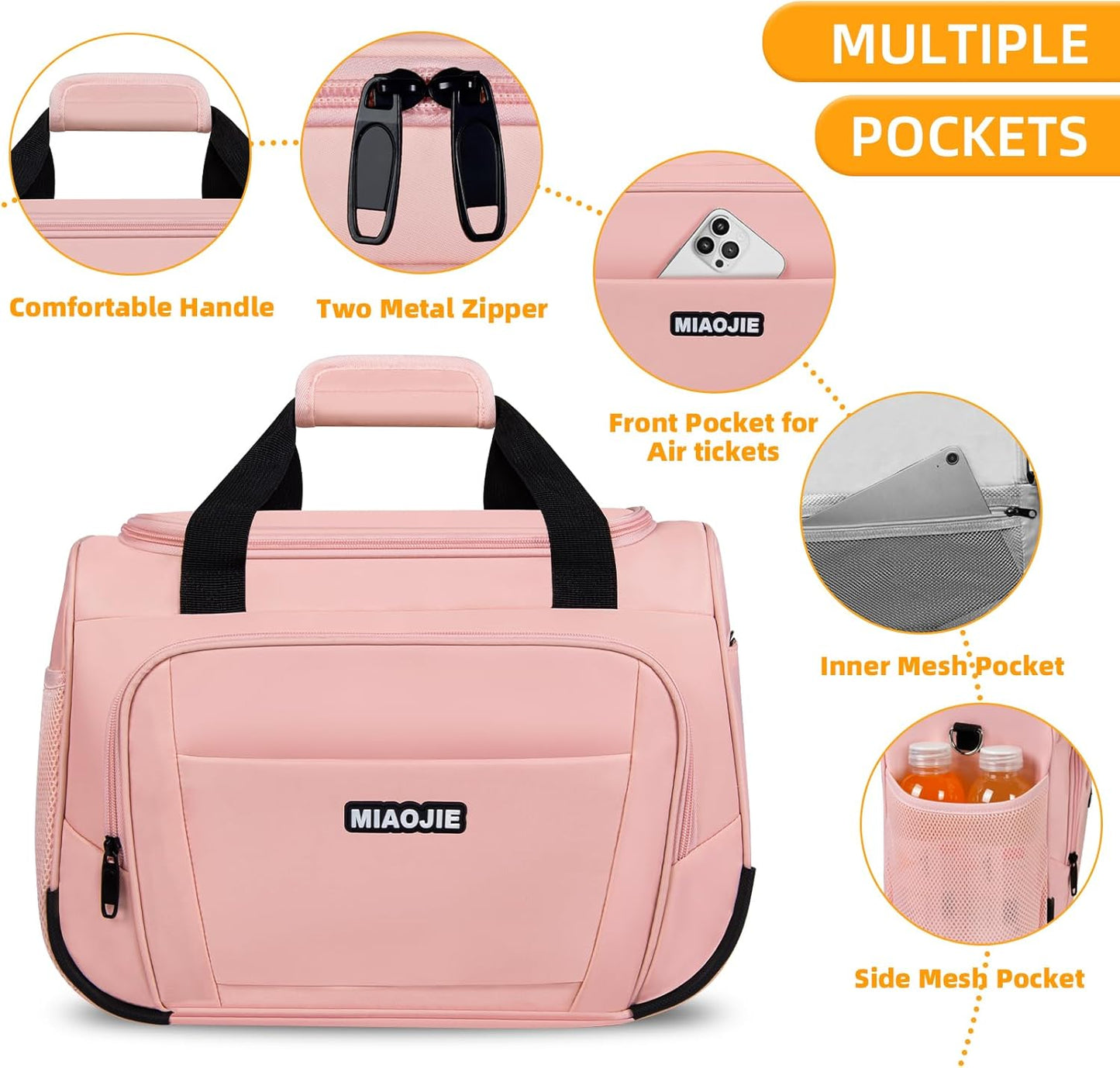 Underseat Carry On Luggage Lightweight Travel Tote Weekender Bag Overnight Duffle Bag for Travel, Travel Essentials Personal Item Travel Bag for Women and Men, Pink-18Inch