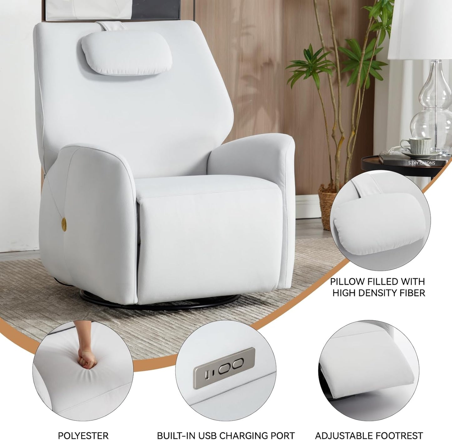 Glider Rocking Chair Nursery, Swivel Rocker, Power Recliner Chair, Nursery Glider Recliner with Adjustable Headrest, USB Ports, Living Room Chairs, Fabric (Fabric Grayish White, Adjustable Headrest)