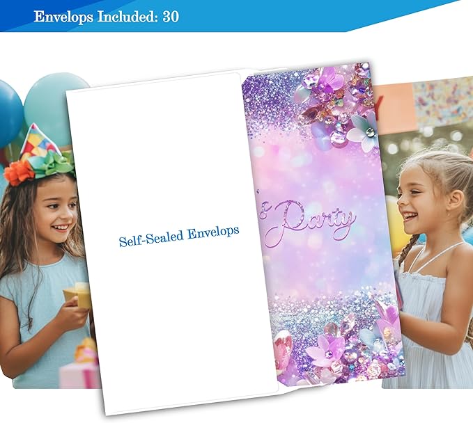 Pink Birthday Invitations for Girls, Modern Sparkle Birthday Party Invitaions for Party Invites, 4x6 Inches, 30 Sets with Envelopes