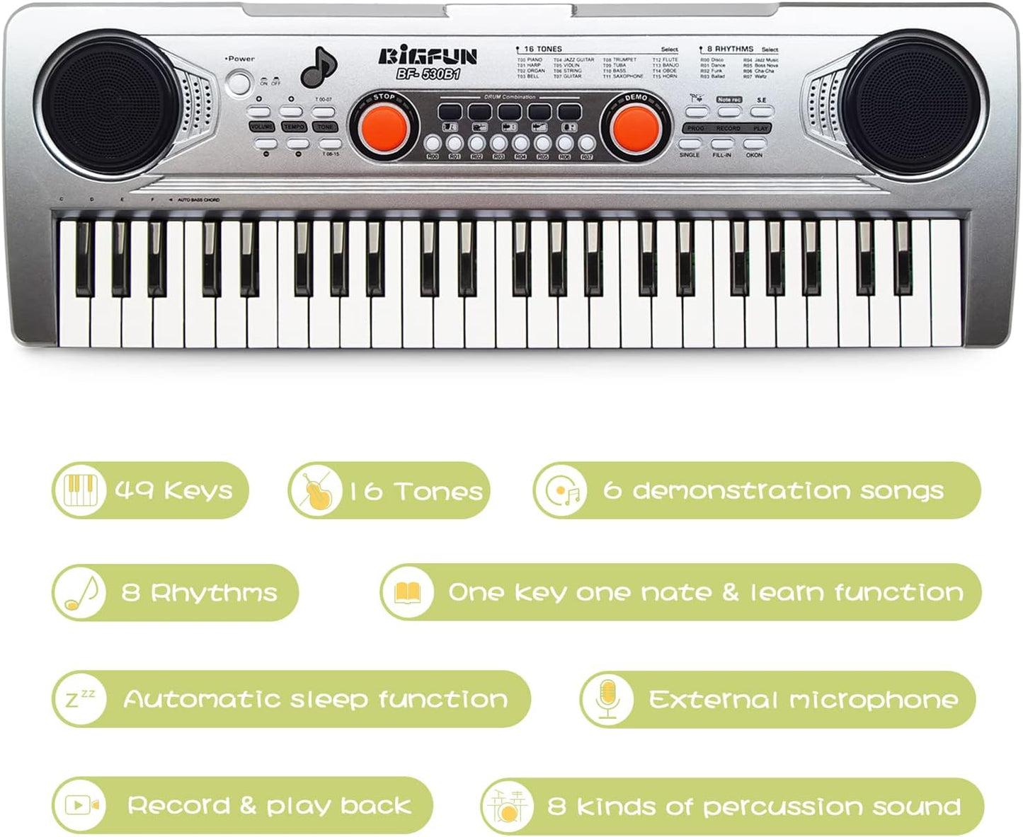 Raimy Piano Keyboard for Kids 49 Keys Portable Keyboard Piano Early Learning Educational Electronic Musical Instrument Toys Gifts for 3 4 5 6 7 8 9 Year Old Boys and Girls (Silver)