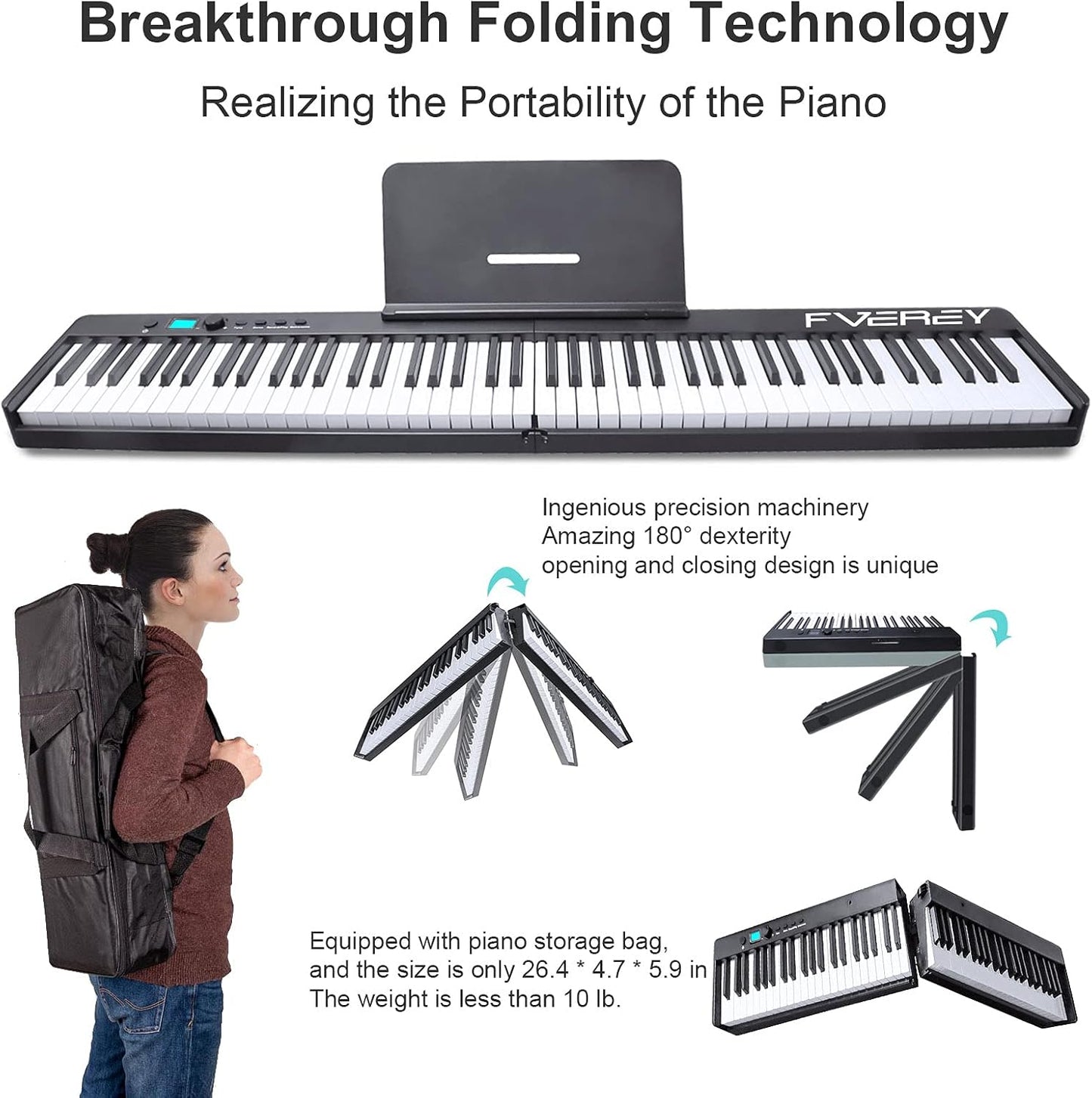 FVEREY Portable Folding Piano Keyboard,Semi-Weighted Folding Digital Piano 88 Key, Full Size Keyboard Electric Piano with Sustain Pedal, Handbag, Bluetooth, USB MIDI for Beginner, Adult