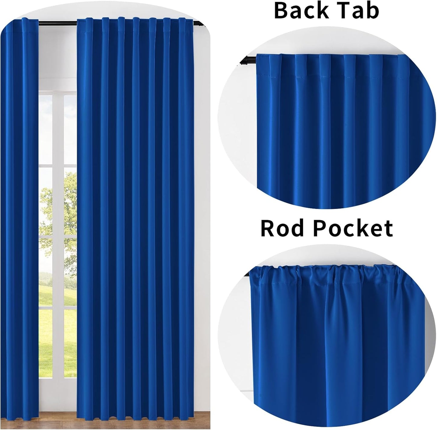 Joydeco 72 Inch Blackout Curtains for Bedroom, Thermal Insulated Black Out Curtains 2 Panels Set, Room Darkening Drapes for Living Room Window Rod Pocket Back Tab (W52 x L72 Inch, Royal Blue)