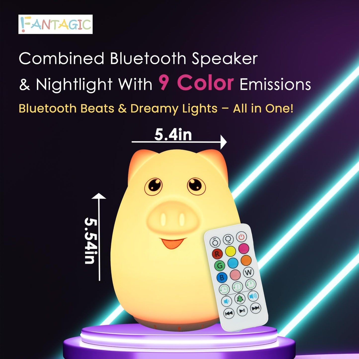 Combined Bluetooth Speaker & Nightlight With 9 Color Emissions, Child Friendly Silicone & BPA Free, USB Recharging, Receives Audio From Computer, Phone Or Tablet, and includes Remote Control (Pig)