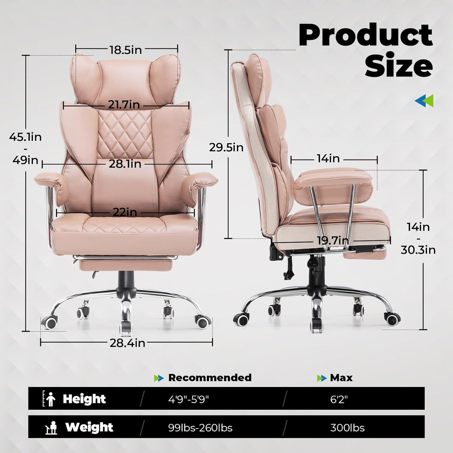 COMHOMA Big and Tall Office Chair, High Back Leather Gaming Chair with Footrest, Executive Ergonomic Office Chairs with Pocket Spring Lumbar Support and with Outward Fixed Soft Armrests