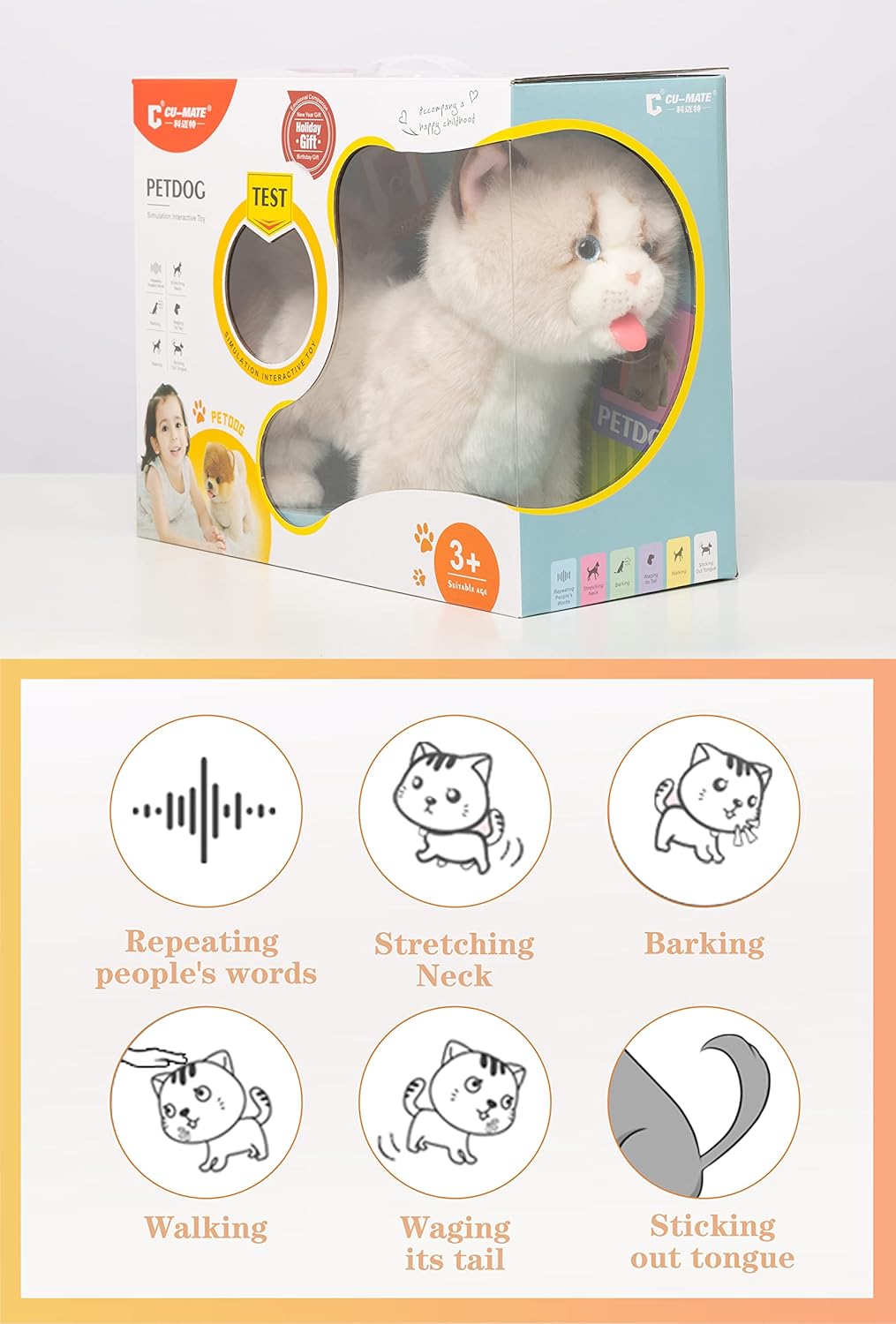 CU-MATE Interactive Pet Ragdoll Cat,Electric Plush Toy Cat,Robot Stuffed Cat with Walking/Nodding/Tail Wagging/Barking/Drinking Milk, Gift for Girls Boys