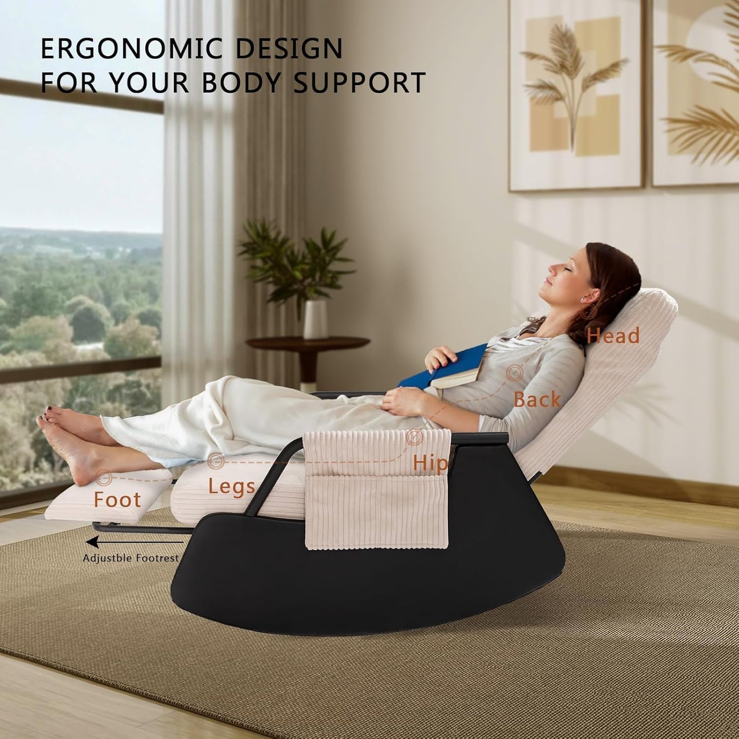 Rocking Chair for Nursery, Modern Upholstered Plush Seating Glider Recliner Chair with High Backrest and Side Pocket, Accent Armchair with Cushions for Living Room/Reading (Beige)